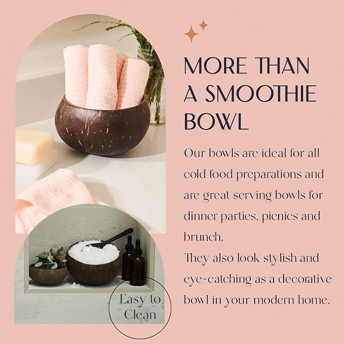 Coconut Bowl Set with Wooden Spoons –White Elephant Gifts For Adults, Christmas Gifts. Eco-Friendly Acai Bowls, Yogurt Bowls & Smoothie Bowl – Ideal for Ninja Creami (2, Jumbo Polished)