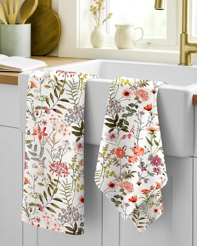 Flour Sack Kitchen Towels Set of 2-18x26 Cotton Dish Towels with Hanging Loop Reusable Tea Towel for Cleaning Spring Absorbent Dishcloths Cute Home Decor Housewarming, Flower Shrubs