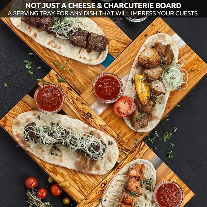 Handcrafted Italian Olive Wood Cheese & Charcuterie Board Set with Unique White Pearl Resin Artwork - Cutting Board Comes with 4 Cheese Knives, 2 Dipping Bowls & Corkscrew Wine Opener (White Pearl)