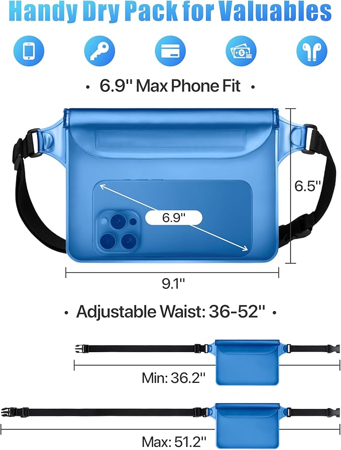 F-color Waterproof Fanny Pack - Cruise Essentials 2025 - Waterproof Pouch, Triple Zipper Roll-Top Dry Bag for Phone with Adjustable Waist Strap, Keep Passport Valuables Dry for Beach Kayaking Boating