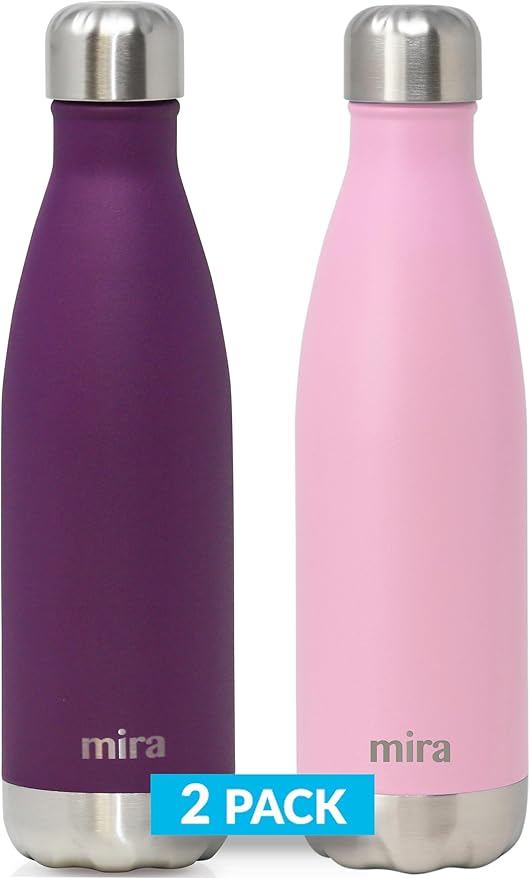 MIRA 2 Pack 17 oz Insulated Water Bottle - Stainless Steel Cola Shape Thermo - Double Wall Hot & Cold Flask (24Hr Cold/12Hr Hot) - Iris & Rose Pink