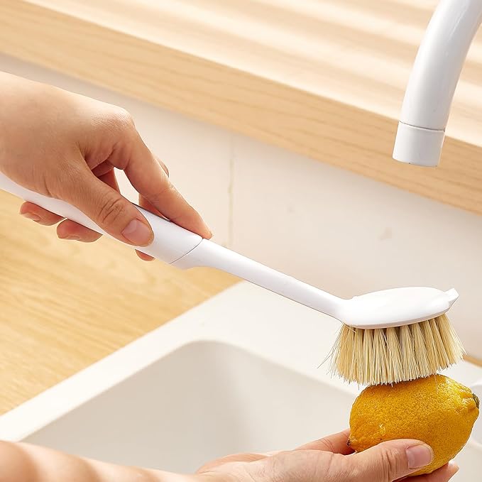 Kitchen Cleaning Brush(Natural Sisal Bristles),Pot Dish Brush Pots Comfortable Long Built-in Scraper Scrub Brush for Pans,Kitchen Sink Cleaning(White