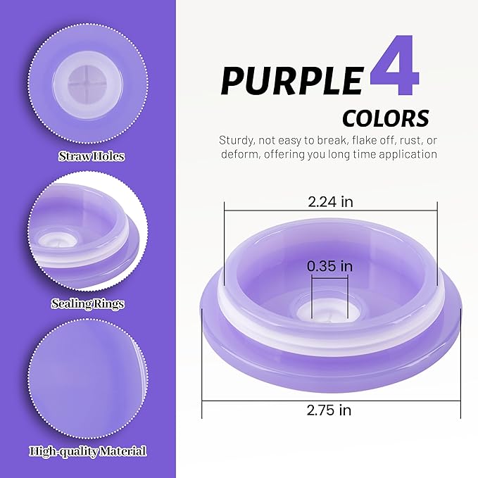 Joyclub 4 Pack Acrylic Lids for 16 oz Glass Cups with Bamboo Lids and Straws Reusable Iced Coffee Cup Beer Can Drinking Glasses for Smoothie Whiskey Boba Soda Tea Gift (Purple)