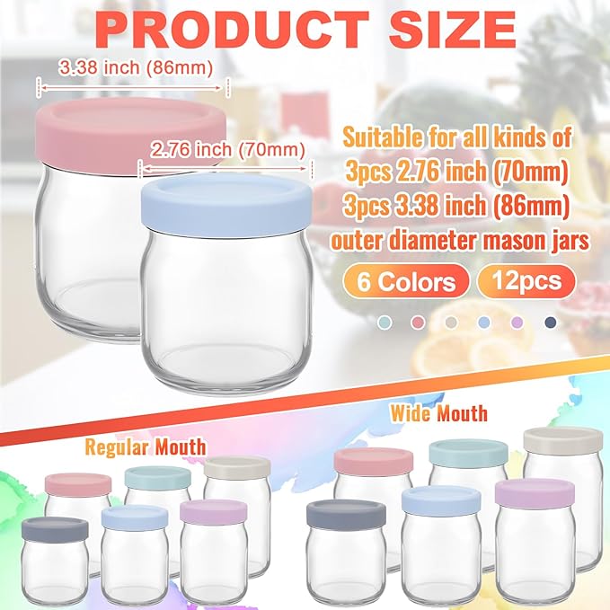 12 Pcs Mason Jars 6 Wide and 6 Regular Mouth Lids Mason Jar Lids Thickened Leak Proof Lid for 86 mm and 70 mm Wide and Regular Mouth, Reusable Canning Jar Caps(Morandi)