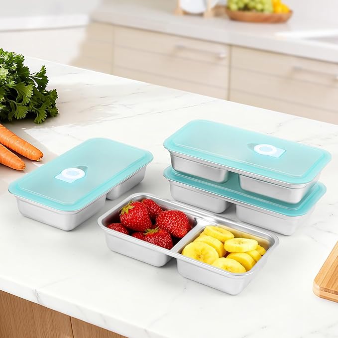 Reusable Stainless Steel Snack Containers with Lids,Double Compartment 2 Condiment Containers,Grab and Go Divided Snack Food Storage for Kids Adults, Sauce Cups for School, Trave (4)