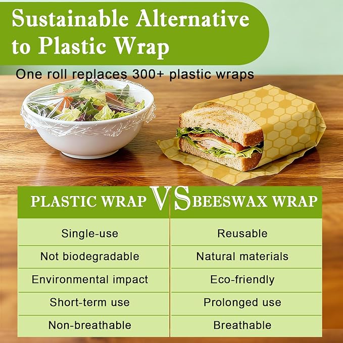 Reusable Beeswax Wraps For Foods, Cheese, Sandwich & Bread- 13 x 39'' Cut to Size - Eco-Friendly Food Storage Alternative to Plastic Wrap & Cheese Paper (Honeycomb Pattern001, 13x39'')