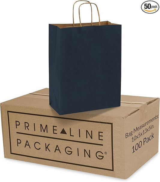 Prime Line Packaging Paper Gift Bags, Navy Blue Gift Bags with Handles, Medium Shopping Bags for Small Business, Retail, Boutiques, Graduation, Bulk, 10x5x13, 50 Pack