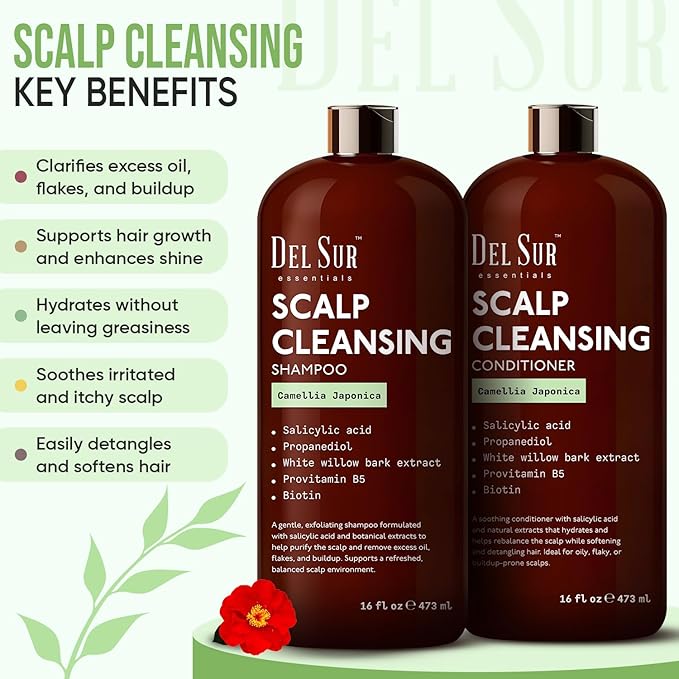 DEL SUR Scalp Cleansing Shampoo and Conditioner Set | 16 fl oz Each | with Camellia Japonica, Salicylic Acid & Willow Bark | Clarifying Oil Control for Build Up & Oily Scalp