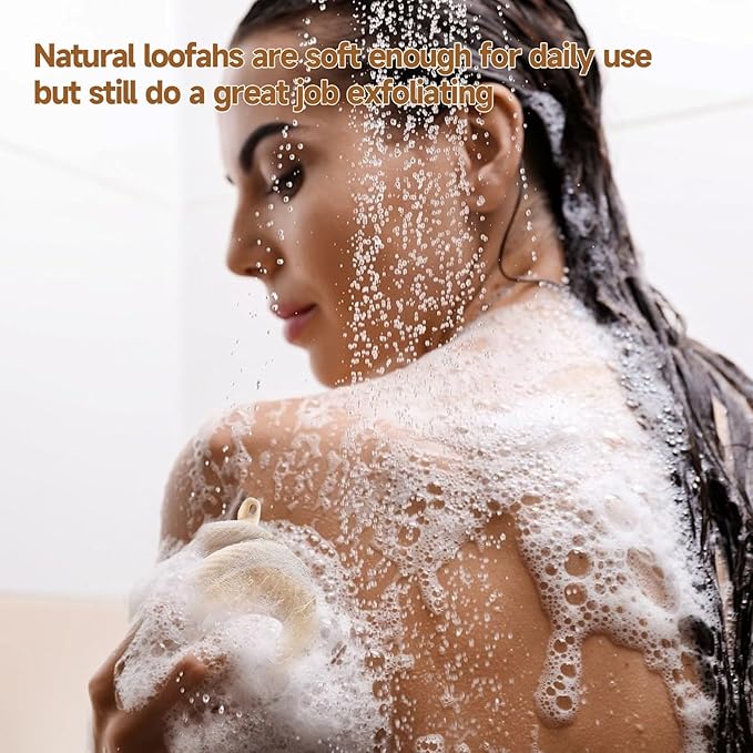 Natural Loofah Bath Sponges with Cotton Rope Exfoliating Body & Face Scrubber Reusable & Eco-Friendly,Soap Loofa Shape- Large 3PCS