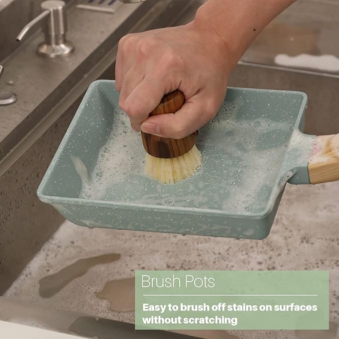Teak Dish Scrub Brush 2PCS by HTB, Good Grip Small Wooden Dish Brush with Teak Handle & Sisal Bristles for Kitchen, Wood Cleaning Scrubbers Set for Washing Pan/Pot/Vegetable/Fruit