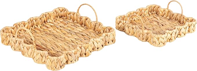 Household Essentials Woven Water Hyacinth Scalloped Square Trays, Set of 2, Natural