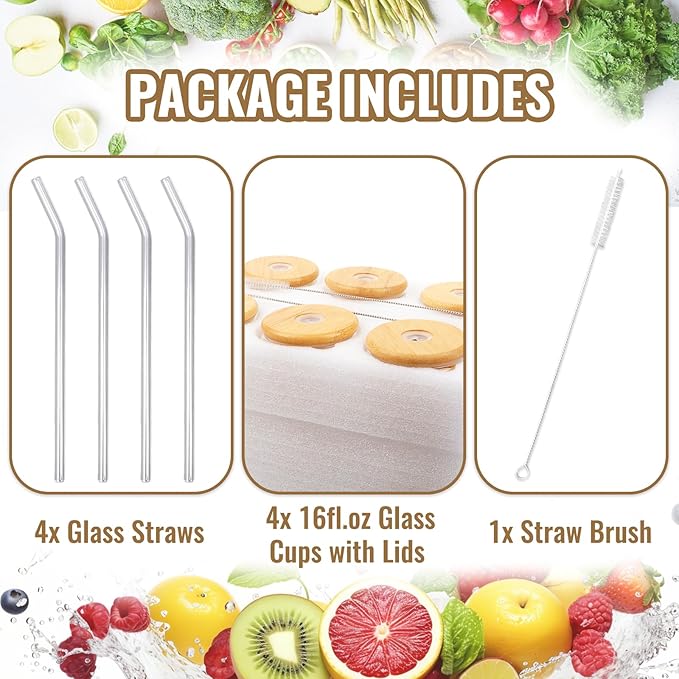 Glass Cups with Lids and Straws 16 oz, 4-Pack Borosilicate Glass Tumbler with Bamboo Lids & Glass Straws, for Iced Coffee, Bubble Tea, Beer, Reusable Drinking Glasses Set Include Cleaning Brush