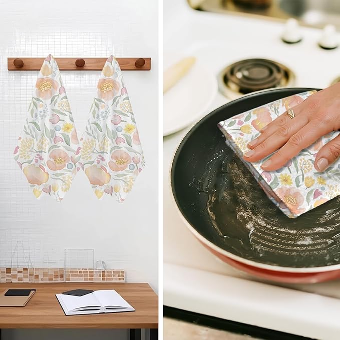 2Pcs Watercolor Floral Kitchen Towels 24x14 Inch, Spring Summer Flower Waffle Hand Towels for Kitchen Home Farmhouse Decor, Absorbent Microfiber Dish Cloth Tea Towel, Housewarming Gifts for Women