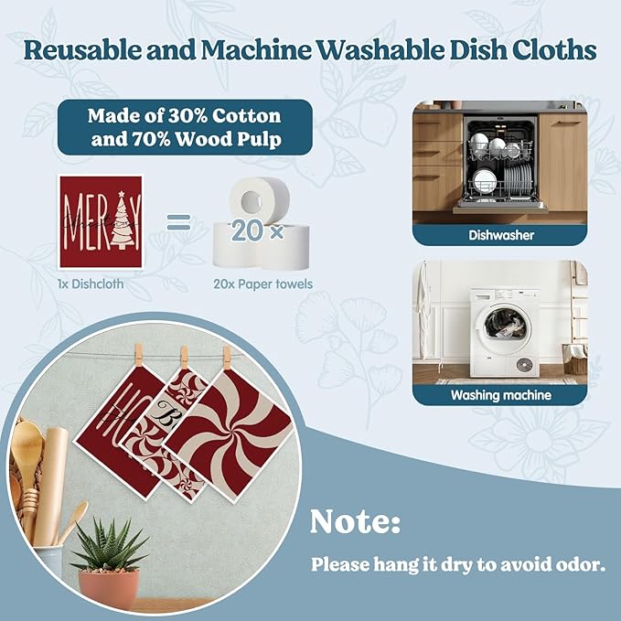 Swedish Dishcloths for Kitchen, Christmas Xmas Red Dish Rags Kitchen Dish Towels for Washing Dishes, 4 Pack Reusable Paper Towels, Sponge Cloths for Winter Holiday Home Cleaning Baking Cooking