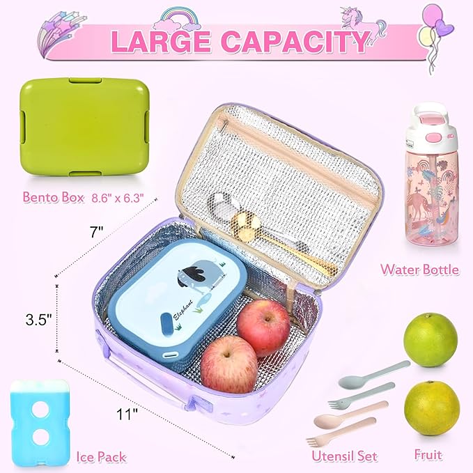 Lunch Box Kids, 11" L x 7" W x 3.5" H, Waterproof Reusable Insulated Lunch Bag for Girls, Cooler Bento Boxes Containers & Snacks for Elementary School Travel (Star Purple)