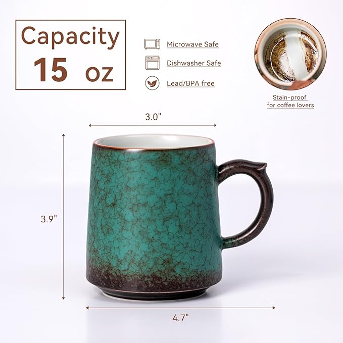 15oz Peacock Green Kiln-Change Ceramic Coffee Mug, 1340℃ High-Fire Unique Glaze Tea Cup - Lead-Free, Microwave Safe, Handcrafted Gift for Coffee/Tea Lovers