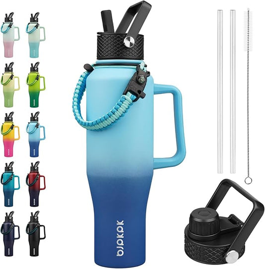 BJPKPK Insulated Water Bottles with Straw Lid, 40oz Metal Water Bottle with 2 lids & Paracord Strap, Double Wall Stainless Steel Tumbler with Handle, Reusable Cups, Mugs, Thermo, Sky