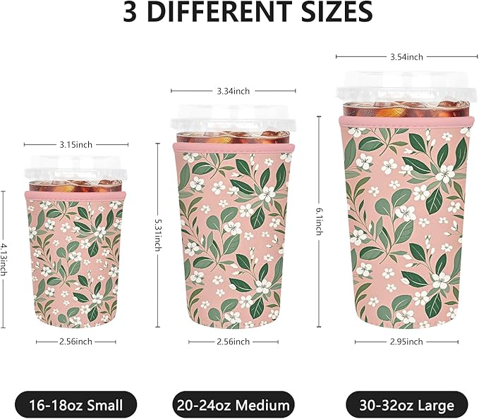 Iced Coffee Sleeve, Reusable Insulated Neoprene Cup Sleeve for Cold & Hot Drinks Beverages, Cup Holder for 32oz Coffee Cups, Pink Leaves