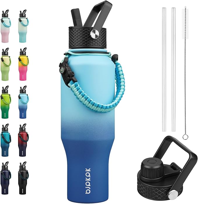 BJPKPK Insulated Water Bottles with Straw Lid, 35oz Metal Water Bottle with 2 lids & Paracord Strap, Double Wall Stainless Steel Vacuum Tumblers, Cups, Mugs, Thermo for Hot& Cold Drinks, Sky