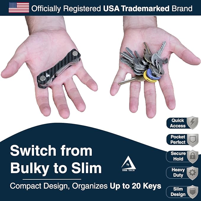 Carbon Fiber Compact Key Holder, Premium Smart Key Organizer Keychain (4-20 Slots), Heavy Duty Minimalist Multikey Folding Pocket Keyholder, Durable Locking Mechanism, Slick Slim Quiet Profile