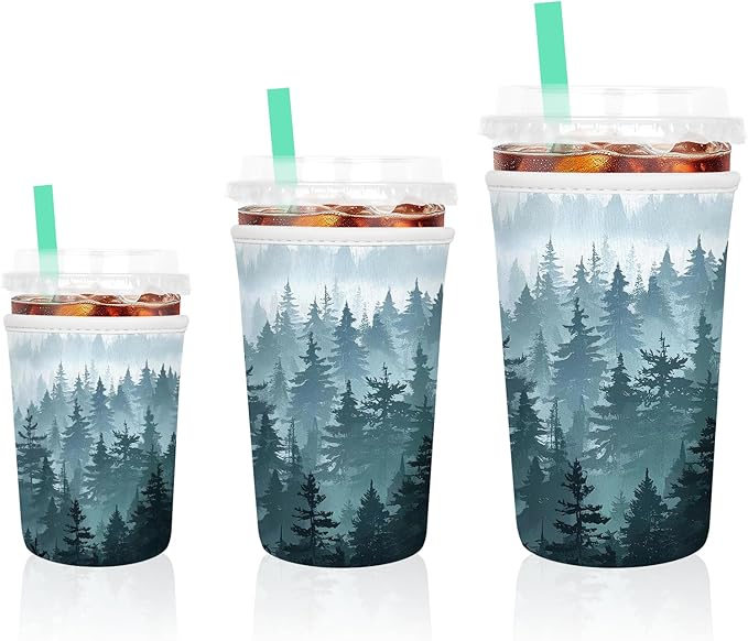 3 Pack Iced Coffee Sleeve, Reusable Insulated Neoprene Cup Sleeve for Cold & Hot Drinks Beverages, Cup Holder for 16-32oz Coffee Cups, nk Forest