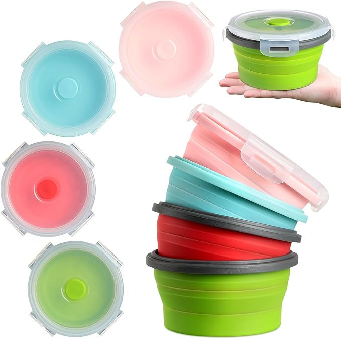 Suclain 4 Pcs Collapsible Bowls with Lids Silicone Camping Food Storage Container Expandable Folding Salad Lunch Box Travel Container for Hiking Camping(Red, Pink, Blue, Green,27 oz)