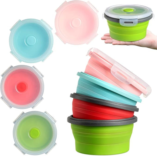 Suclain 4 Pcs Collapsible Bowls with Lids Silicone Camping Food Storage Container Expandable Folding Salad Lunch Box Travel Container for Hiking Camping(Red, Pink, Blue, Green,27 oz)