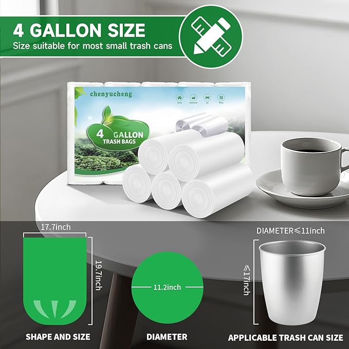 4 Gallon Small White Biodegradable Trash-Bag - Small Garbage Bags For Bathroom Can Unscented Compostable Kitchen Office Car Waste Basket Liners 100counts 15l Bulk Chenyucheng