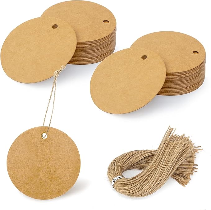 SallyFashion 160PCS Gift Tags with String Attached, Round Brown Gift Tags 2.2x2.2 inch Circle Kraft for Clothing, Gift, Cupcake Party Favors DIY Crafts