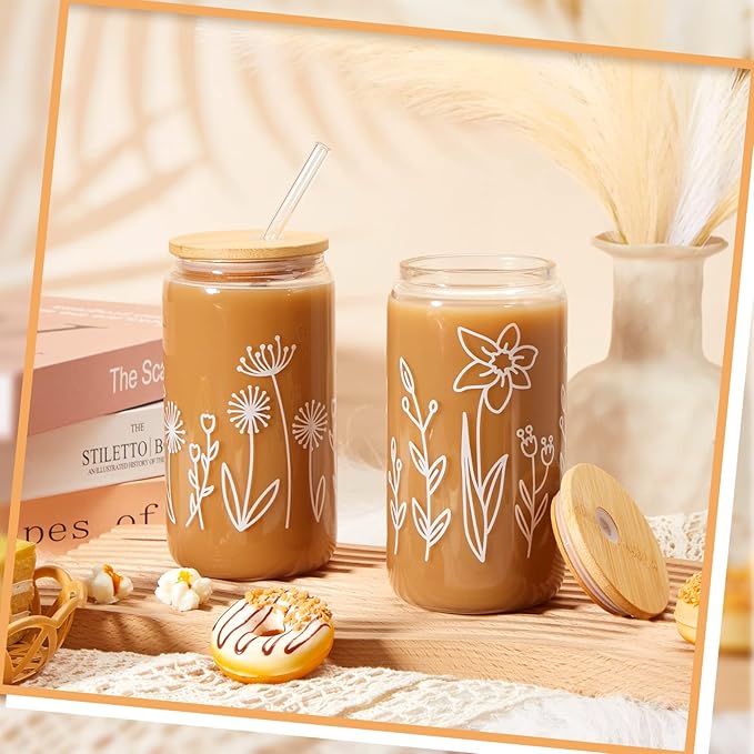 Mumufy Gift for Women Cute Glass Cup Tumbler Flower Iced Coffee Mugs 16 oz Glass with Bamboo Lid & Straw, Mothers Day Birthday Gift for Mom Sister Bridesmaid Baby Shower(8 Pack,Boho Floral)