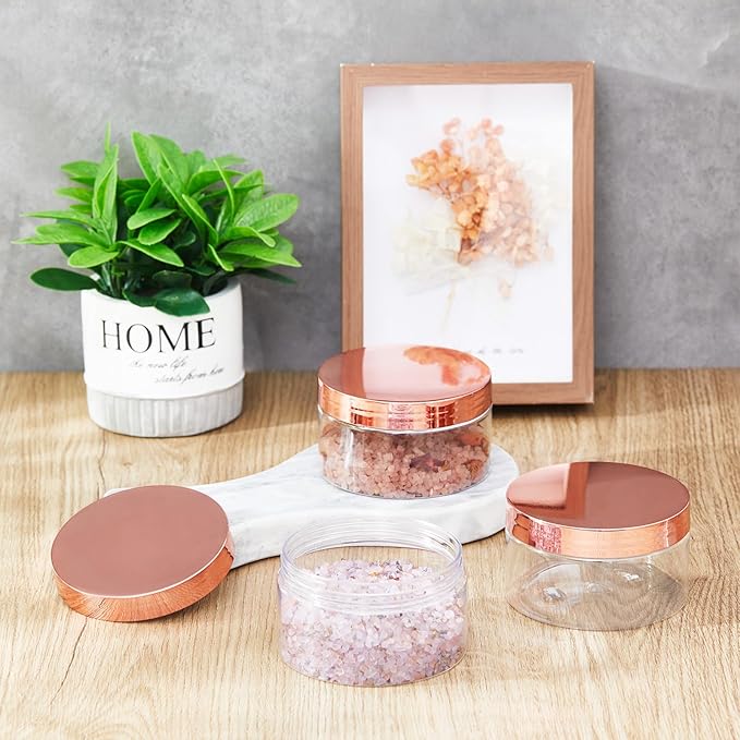 Dandat 24 Pcs 8 oz Plastic Jar Container with Lid and Label Refillable Empty Round Clear with Rose Gold PET Cosmetic Sample Containers for Lotion, Cream, Ointments, Body Butter, Makeup, Travel Storage