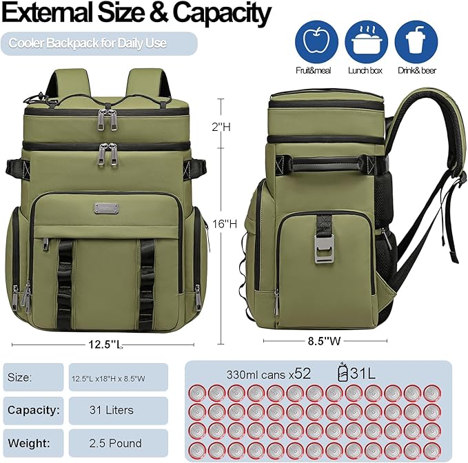 Weitars Insulated Cooler Backpack,Double Deck Waterproof Soft Cooler Bag,Backpack Coolers Leak Proof Lunch Backpack for Men Women for Travel,Camping,Picnic,Beach,Picnic,Outdoor 31L/52 Can