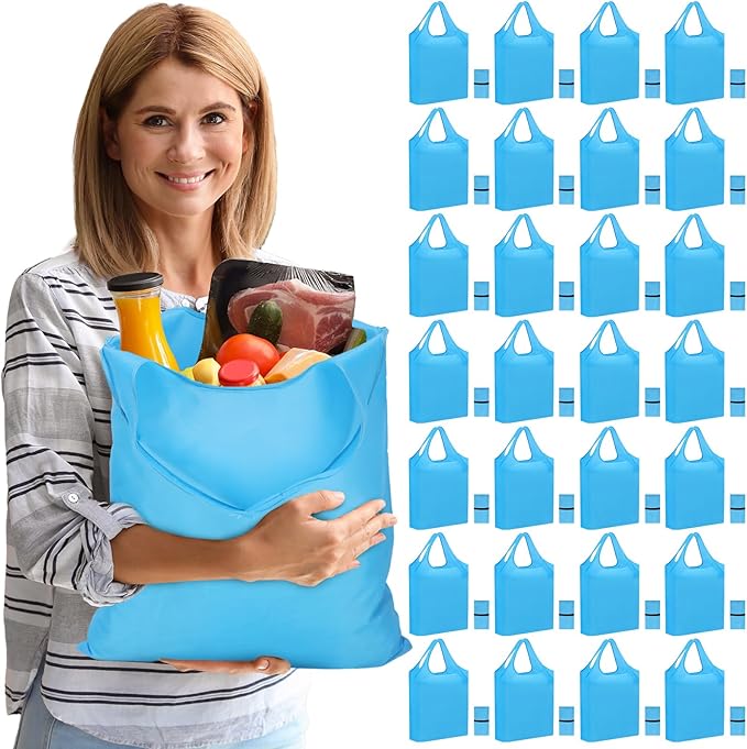 100 Pack Reusable Grocery Bags Bulk Polyester Shopping Bags Foldable Shopping Tote Pouch for Grocery 50 Lbs Washable(Blue)