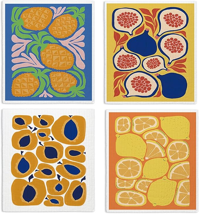 Swedish Dishcloths for Kitchen, Papaya Reusable Paper Towels Washable, Summer Lemon Pineapple Swedish DishCloths for Friut, 4 Pack Dish Towels for Kitchen
