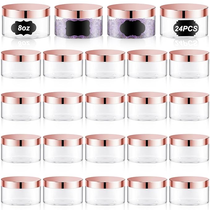 Dandat 24 Pcs 8 oz Plastic Jar Container with Lid and Label Refillable Empty Round Clear with Rose Gold PET Cosmetic Sample Containers for Lotion, Cream, Ointments, Body Butter, Makeup, Travel Storage