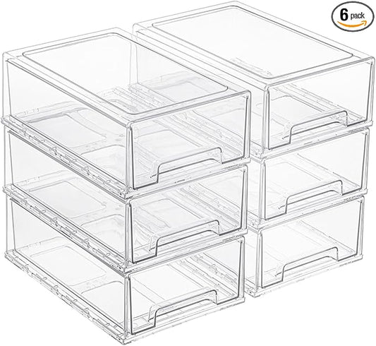 PeJeyiee 6 Pack Stackable Pull-Out Storage Drawers，Plastic Clear Organizer Bins with Handles，Easily Clean for Craft, and Toy Organization，Kitchen Undersink，Cabinet，Fridge，Closet，Pantry，Office，Bathroom