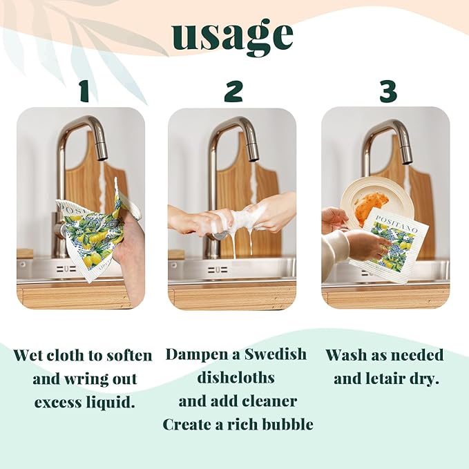 Swedish Dishcloths for Kitchen, Papaya Reusable Paper Towels Washable, Vintage Floral Summer Lemon Swedish DishCloths for Friut, 4 Pcs Dish Towels for Kitchen, No Odor Cleaning Cloths