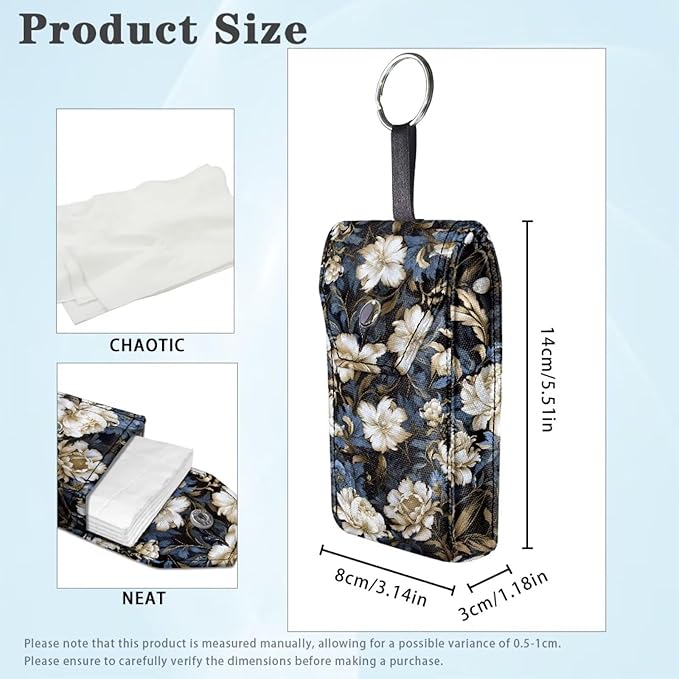 Vintage Flower Travel Tissue Holder Portable Tissue Holder for Purse Coin Keys Purse Size Tissues Packs with Hanging Rope Snap Button Enclosed