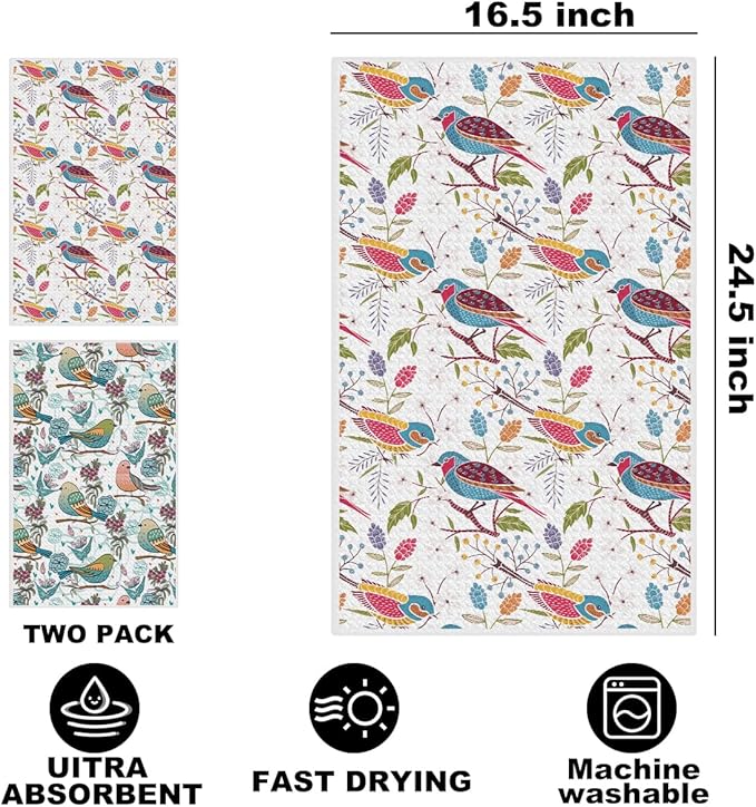 Jztco 2 Pcs Vintage Bird Kitchen Towels 24x14 Inch, Spring Flower Seamless Pattern Hand Towels for Kitchen Bathroom Decor, Absorbent Microfiber Dish Cloth Tea Towel, Home Gifts for Women