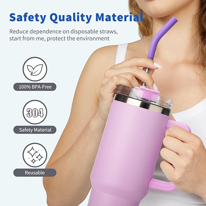 Metal Straws with Silicone Tips for 30 oz Stanley Cup, Reusable Stainless Steel Drinking Straws with Straw Cover for 30 oz Tumbler, 2 Clean Brush