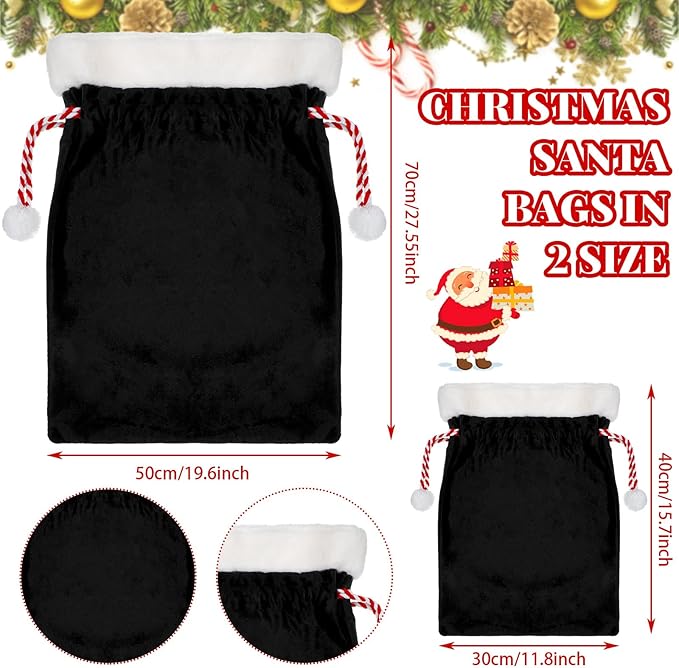 Shappy 2 Pieces Christmas Velvet Santa Bags with Drawstring in 2 Size Large Christmas Bags Santa Gift Sack for Xmas Playing Present Toy(Black)