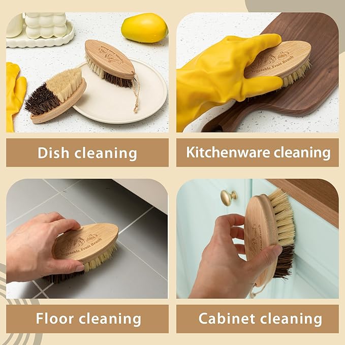 2 Pcs Wooden Potato Scrubber Brushes with Handle Vegetable Brushes for Fruit Food Potato Carrot Cucumber Veggie Produce Pans Pots Cleaning