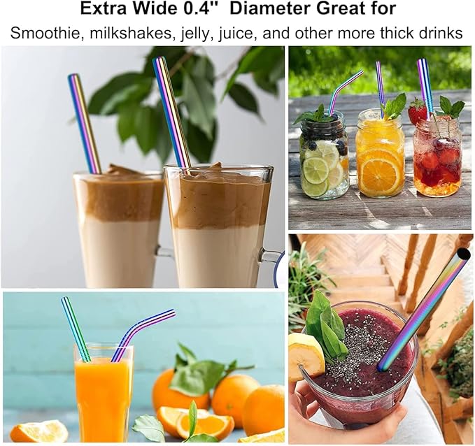 Vinaco Reusable Smoothie Straws, 0.4'' Wide Stainless Steel, 10.5'' & 8.5'' Long, 4 Pack with 1 Cleaner for Milkshake, Smoothie, Bubble Tea