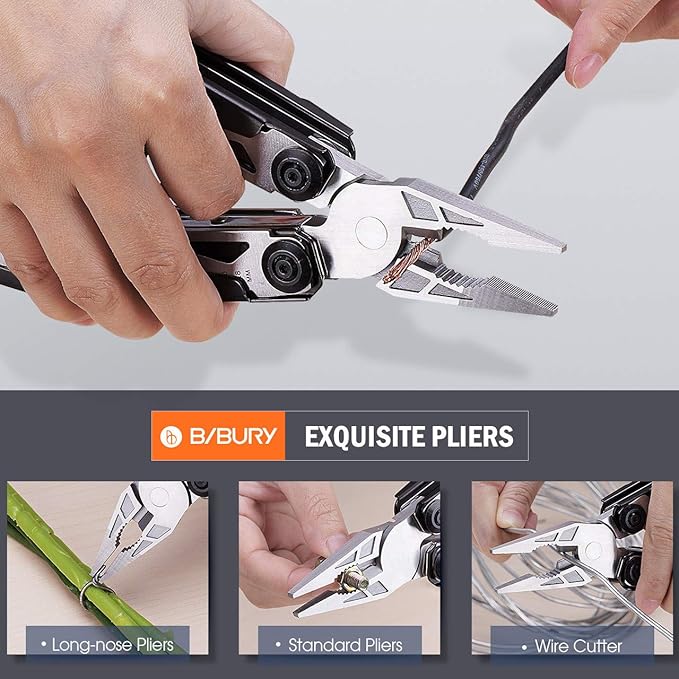 BIBURY Multitool Pliers, 18-in-1 Multi Tool with Safety Hammer, Safety Locking Design Stainless Steel Multifunction Pocket Knife for Outdoor, Survival, Camping, Hiking, Home Repair - Black