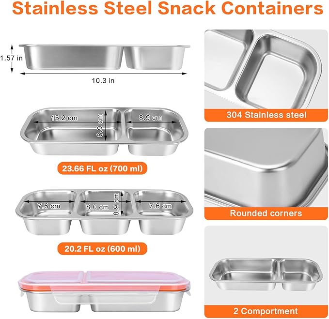 4 Pack Stainless Steel Bento Box with Lids, 304-Grade, 2-Compartments Food Storage Containers, Reusable Snap-on Lid Snack Containers Set, Meal Prep Lunch Box with Covers (24 oz / 700ml)