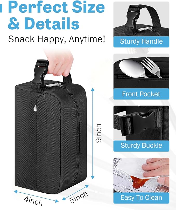 Small Insulated Snack Bag Lunch Box,Collapsible Reusable Small Lunch Bag with Snap Buckle Handle for Beach Travel Picnic,Black 5-Can(3L)