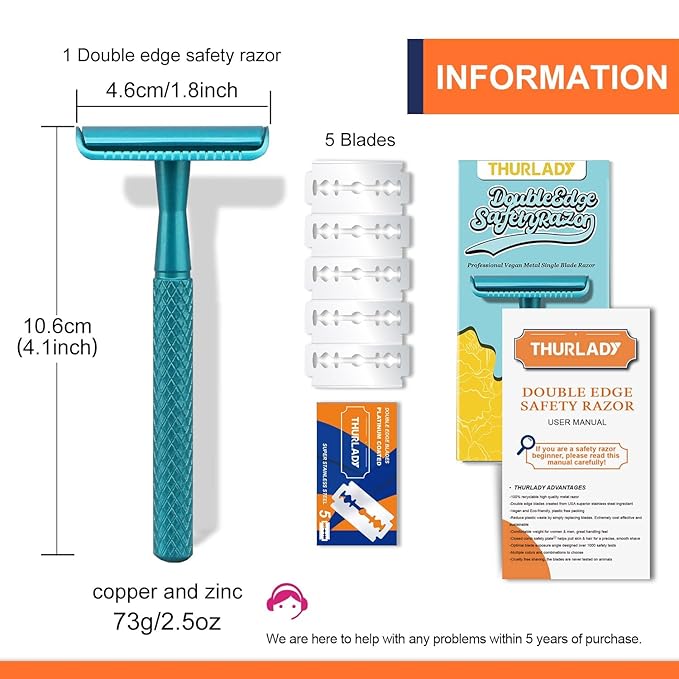 Teal Blue Safety Razor - Single Blade Razors for Women - Reusable Metal Razor, with 5 Stainless Steel Double Edge Blades, Smooth Close Shave, Sustainable, Plastic Free