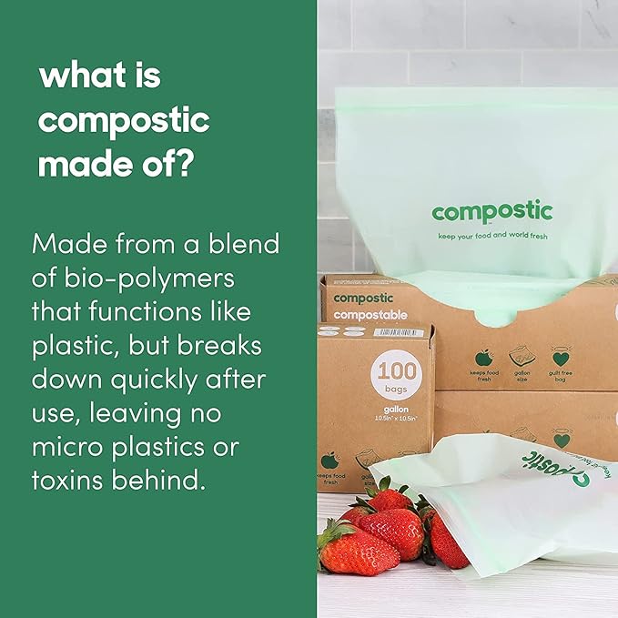 Compostic Home Compostable Resealable Sandwich Bags (7"x7"), Microwave & Freezer Safe, Organic Food Storage Container, 60 Count
