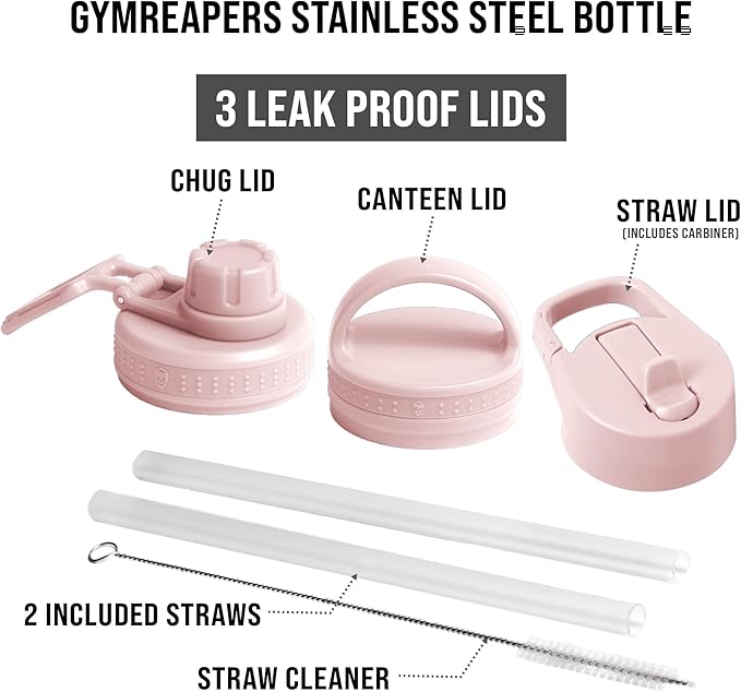 Gymreapers Insulated Water Bottle - Stainless Steel 32 Oz, 3 lids (Straw, Chug, Canteen), Double Walled Vacuum Insulation, Thermo Mug Cold Hot - Durable Powder Coated Finish