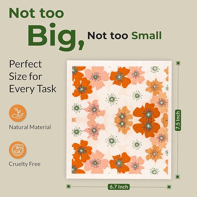 MosJos Swedish Dishcloths, Vintage Plant-Based Cellulose, 6.7x7.5 Inch, Super Absorbent, Multi-Surface, Machine Washable, Reusable, 5 Pack (Orange Green)